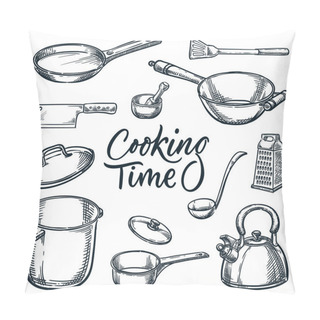 Personality  Kitchen Utensil Design Elements Set. Vector Sketch Illustration Isolated On White Background. Cooking And Kitchenware Tools Collection. Household Doodle Icons. Pillow Covers