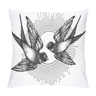 Personality  Beautiful Vintage Retro Style Illustration Of Two Flying Swallow Birds. Hand Drawn Vector Artwork Isolated On White. Elegant Tattoo Design, Freedom, Dark Romance. Print, Poster, T-shirts And Textiles. Pillow Covers