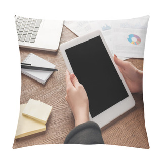 Personality  Partial View Of Woman Posing With Digital Tablet With Blank Screen At Workplace Pillow Covers