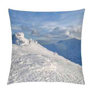 Personality  A Man Goes Along The Path With A Backpack. Mysterious Fantastic Rocks Frozen With Ice And Snow Of Strange Fairytales Forms And Structures. Time For Touristic Adventures. Pillow Covers
