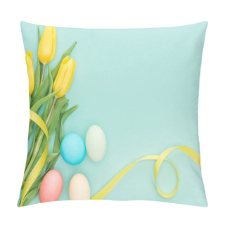 Personality  Top View Of Yellow Tulip Flowers With Ribbon And Easter Eggs Isolated On Blue With Copy Space Pillow Covers