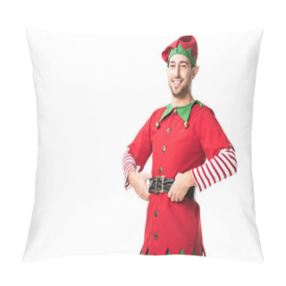 Personality  Cheerful Man In Christmas Elf Costume Looking At Camera With Hands On Hips Isolated On White Pillow Covers
