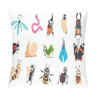 Personality  Funny Bugs. Cartoon Cute Insects With Faces, Caterpillar Butterfly Bumblebee Spider Colorful Characters. Vector Illustration For Kids Pillow Covers