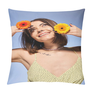 Personality  A Young Woman With Brunette Hair Holds Two Flowers In Front Of Her Face In A Studio Setting. Pillow Covers