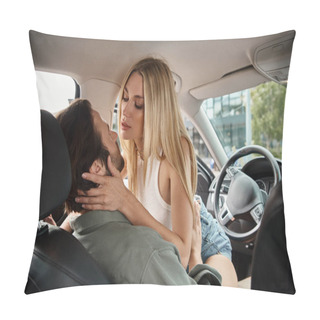 Personality  Attractive And Stylish Blonde Woman  Seducing Man On Drivers Seat In Modern Car, Love Affair Pillow Covers