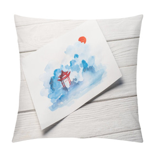 Personality  High Angle View Of Paper With Japanese Painting With Temple On Wooden Background Pillow Covers