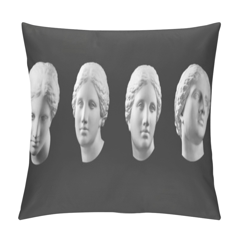 Personality  Four gypsum copy of ancient statue Venus head isolated on black background. Plaster sculpture woman face. pillow covers