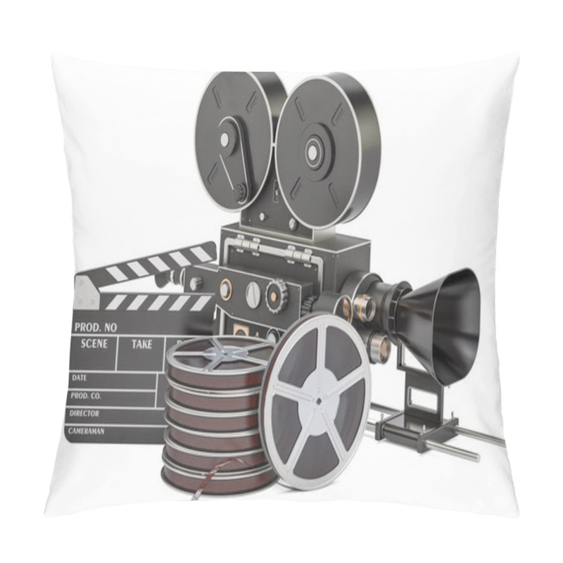 Personality  Cinema concept. Clapperboard with film reels and movie camera, 3 pillow covers