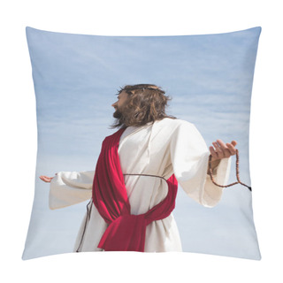 Personality  Jesus In Robe, Red Sash And Crown Of Thorns Holding Rosary And Standing With Open Arms Against Blue Sky, Looking Away Pillow Covers