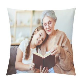 Personality  Happy Family Grandmother Reading To Granddaughter Book At Home   Pillow Covers