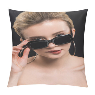 Personality  Attractive Young Woman Biting Lips While Touching Sunglasses Isolated On Black  Pillow Covers