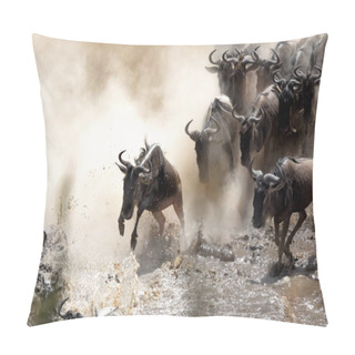 Personality  Wildebeests Crossing The Mara River During The Annual Great Migration. Every Year Millions Will Make The Dangerous Crossing When Migrating Between Tansania And The Masai Mara In Kenya. Pillow Covers
