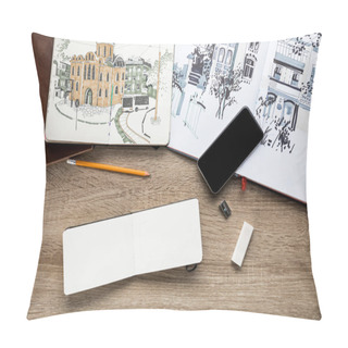Personality  Top View Of Pictures In Albums, Drawing Utensils And Smartphone On Wooden Background Pillow Covers