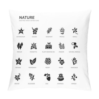 Personality  Set Of 20 Black Filled Vector Icons Such As Mimosa, Narcissus, Natural Medical Pills, Neroli, Nymphea, Oak, Poplar, Protea, Rosemary, Sakura. Nature Black Icons Collection. Editable Pixel Perfect Pillow Covers