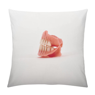 Personality  False Prostheses. Dental Hygienist Checkup Concept. Full Removable Plastic Denture Of The Lower Jaw. Pillow Covers