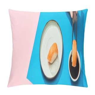 Personality  Cropped View Of Woman Putting Fresh Nigiri With Salmon Into Soy Sauce On Blue, Pink Background, Panoramic Shot Pillow Covers