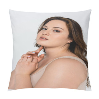 Personality  Portrait Of Pretty Plus Size Woman Looking At Camera Isolated On Grey Pillow Covers