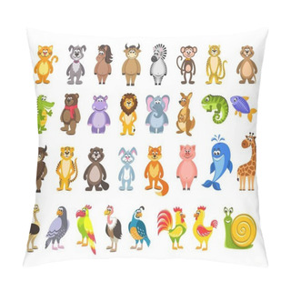 Personality  Big Set Of Animals And Birds. Lion, Kangaroo, Iguana, Fish, Hare, Pig, Giraffe, Ostrich, Snail. Cartoon Characters On White Background. Isolated Objects. Colorful Flat Vector Illustration For Kids. Pillow Covers