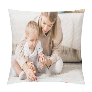 Personality Mother And Adorable Toddler Drawing Together In Nursery Room Pillow Covers