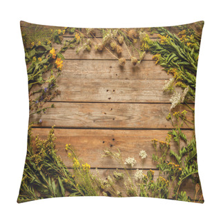 Personality  Late Summer Natural Meadow Flowers And Plants On Vintage Wooden Background From Above. Frame Or Border Layout With Free Text Space. Nature Elements - Rustic Style. Pillow Covers