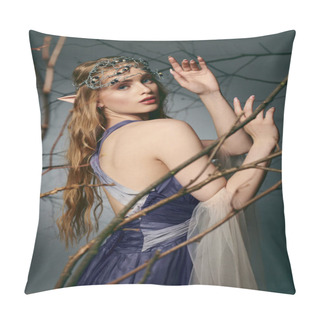 Personality  A Young Woman, Dressed In A Blue Gown, Wearing A Regal Crown On Her Head, Embodies The Essence Of A Fairy Tale Princess. Pillow Covers