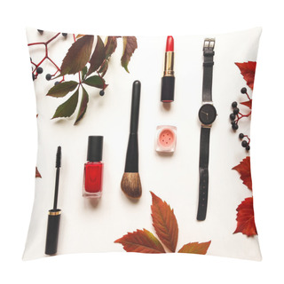 Personality  Decorative Flat Lay Composition With Cosmetics, Woman Accessories And Autumn Leaves And Berries. Flat Lay, Top View Pillow Covers