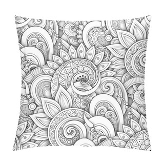 Personality  Monochrome Endless Texture With Flowers And Leaves In Doodle Line Style, Vector, Illustration Pillow Covers