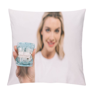 Personality  Selective Focus Of Jaw Model With Woman On Background Isolated On White Pillow Covers