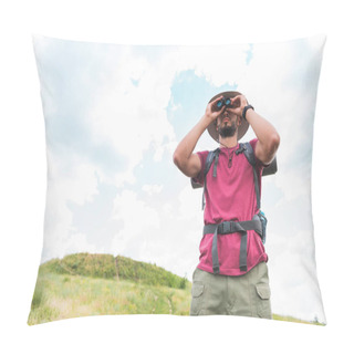 Personality  Male Traveler In Hat With Backpack Looking In Binoculars Pillow Covers