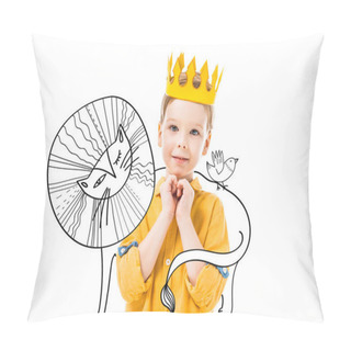 Personality  Adorable Boy In Yellow Crown With Please Gesture, Isolated On White With Drawn Lion And Bird  Pillow Covers