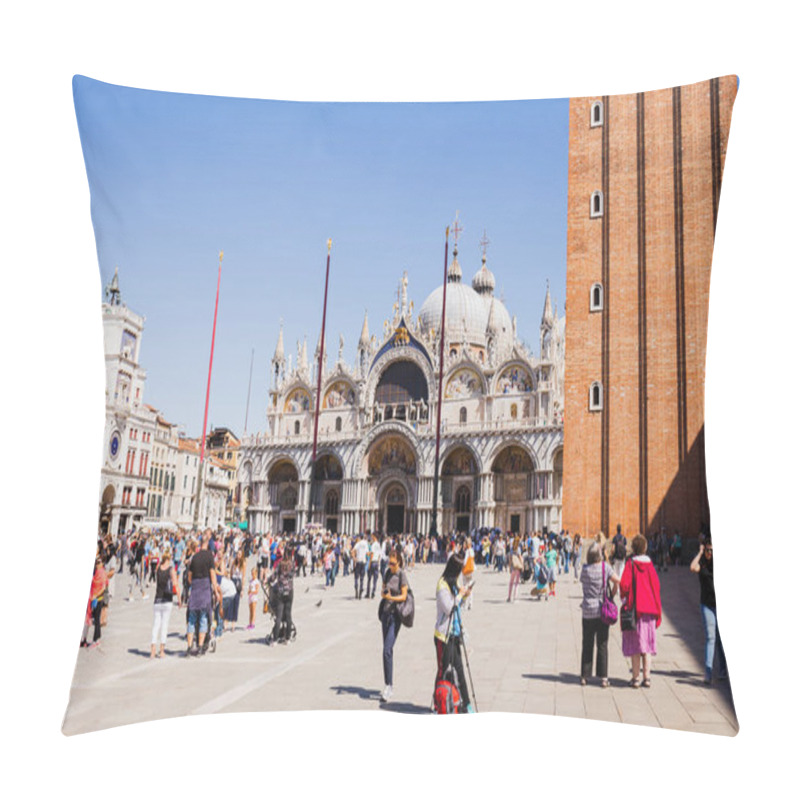 Personality  VENICE, ITALY - SEPTEMBER 24, 2019: Tourists Walking Near Basilica Of Saint Mark And Clock Tower In Venice, Italy  Pillow Covers