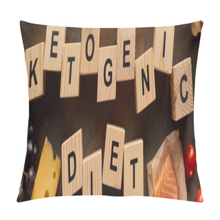 Personality  Panoramic Shot Of Wooden Cubes Ketogenic Inscription Near Cheese, Grape, Raw Salmon, Quail Eggs And Cherry Tomatoes  Pillow Covers
