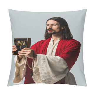 Personality  Bearded Man Holding Rosary Beads And Holy Bible Isolated On Grey  Pillow Covers
