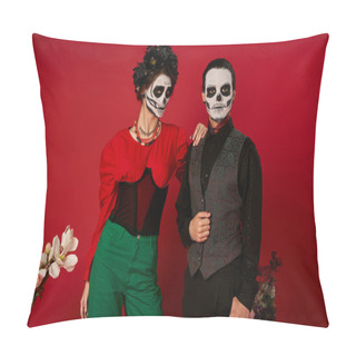 Personality  Stylish Dia De Los Muertos Couple In Sugar Skull Makeup Looking At Camera Near Flowers On Red Pillow Covers