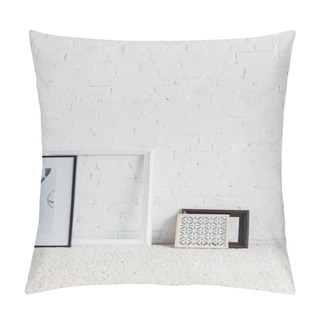Personality  Pictures In Frames Leaning On White Brick Wall, Mockup Concept Pillow Covers
