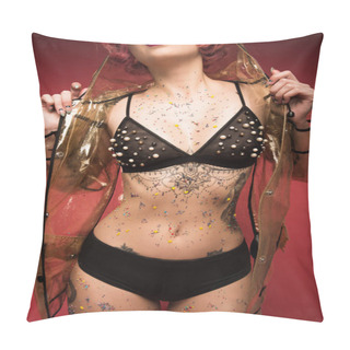 Personality  Cropped Image Of Pink Haired Girl With Tattoos In Lingerie And Raincoat Infront Of Red Background Pillow Covers