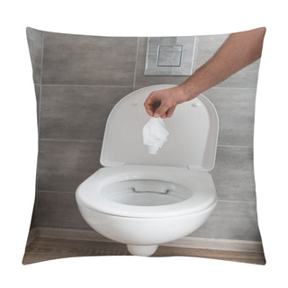 Personality  Cropped View Of Man Holding Napkin Above Toilet Bowl Pillow Covers