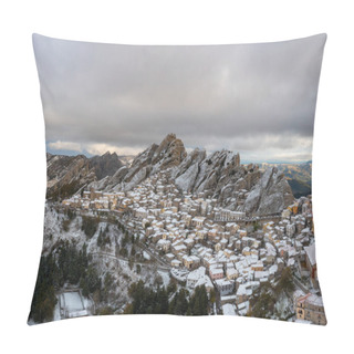 Personality  Drone View Of Pietrapertosa In The Piccolo Dolomiti Region Of Southern Italy In Winter Pillow Covers