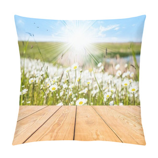 Personality  Wooden Table On The Background Of Daisy Flowers. Summer In Rural Areas Pillow Covers