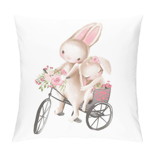 Personality  Cute Watercolor Bunnies On Bicycle With Flowers On White Background Pillow Covers