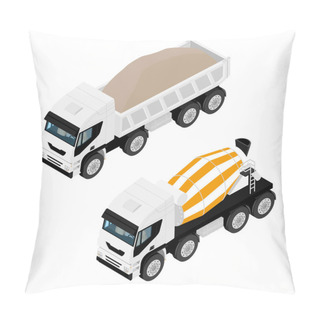 Personality  Dump Truck Full Of Soil And Concrete Cement Truck. Isolated On White Background. Isometric View. Raster Pillow Covers
