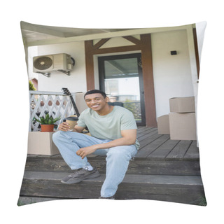 Personality  Smiling African American Man Holding Coffee To Go Near Packages On Porch Of New House Pillow Covers