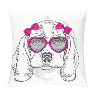 Personality Cute Puppy With Glasses Heart. Vector Illustration For A Card Or Poster. Valentine's Day. Pillow Covers
