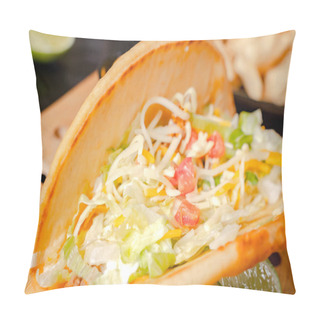 Personality  Closeup Of A Taco Salad In A Tortilla Shell With Chips. Plate With Taco, Nachos Chips And Tomato Dip Pillow Covers