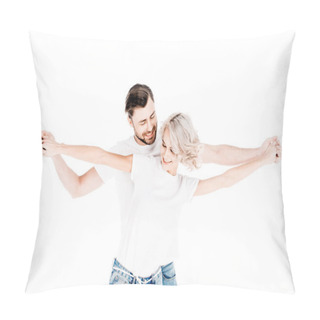 Personality  Wonderful Couple Holding Broudly Outstreched Hands Isolated On White Pillow Covers