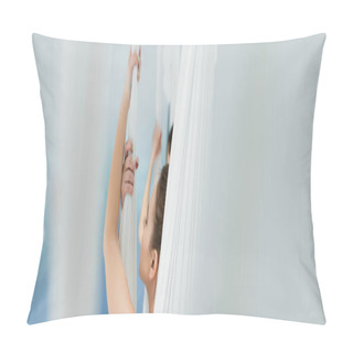Personality  Young Woman Relaxing In Fly Yoga Hammock With Closed Eyes, Blurred Foreground, Banner Pillow Covers