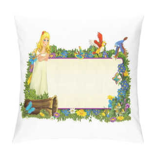 Personality  Cartoon Scene With Floral Frame - Beautiful Girls - Princess - Title Page With Space For Text - Illustration For Children Pillow Covers