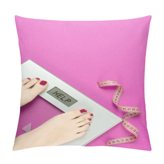 Personality  Measure Tape And Scales On A Pink Background With The Words Help. Diet Plan And Workout Women Before The Summer Season. Healthy Lifestyle, Body Slimming, Weight Loss Concept. Cares For The Body Pillow Covers