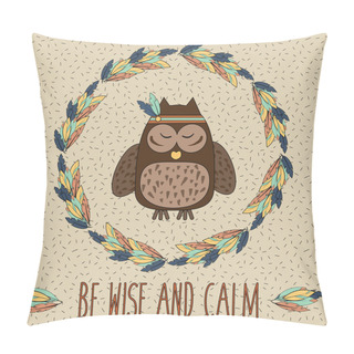 Personality  Boho Owl In Feather Wreath In Hand Drawn Style And Pillow Covers