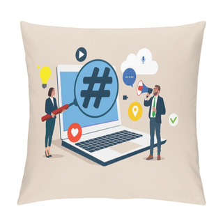 Personality  Communication With Searchable Hashtag On A Laptop Denoting Content. Modern Vector Illustration In Flat Style Pillow Covers